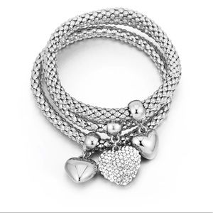 Rhinestone heart charm popcorn silver bracelet set